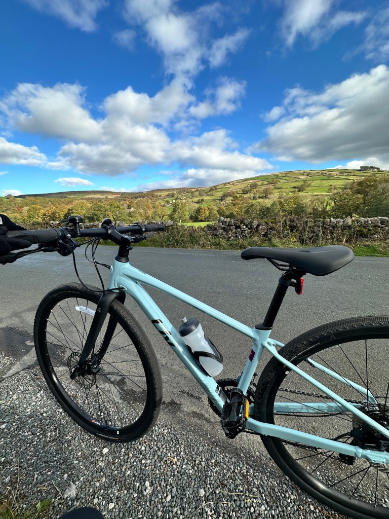 Blue bike standing in front of rolling hills under a sky dotted with clouds.